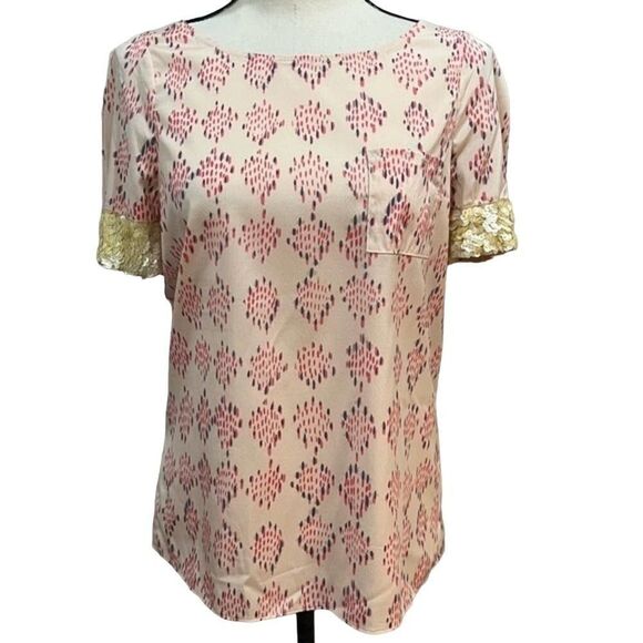 Gryphon New York Pink Printed Short Sleeve silk Sequin Pocket Tee Top size small - Picture 2 of 11